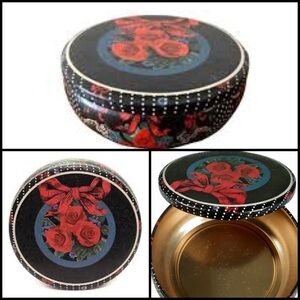Vintage Nobel Hall 5” Round Black Polka Dot Red Bow & Roses Gift Jewelry Tin